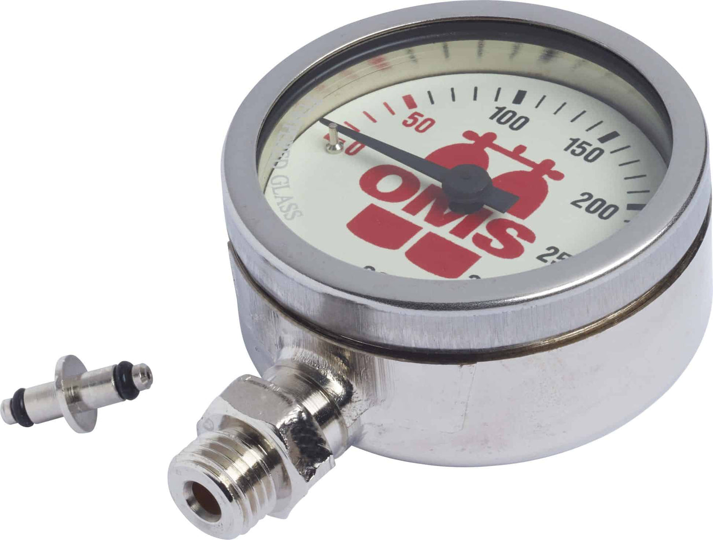 Finimetri OMS – 52 mm – nikkelikromattu kotelo, mineraalilasi, 0–360 barin asteikko (ilman letkua)